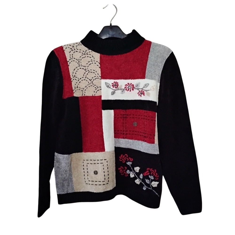 Alfred Dunner Petite PM Chenille Colorblock Patchwork Floral Embroidery Sweater